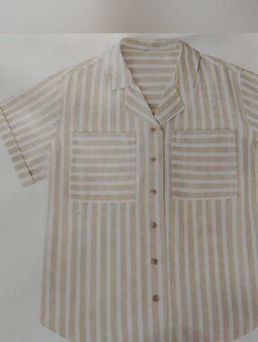 Member's Mark Women's Tencel Camp Button-Up Shirt Beige / White Stripe New XS